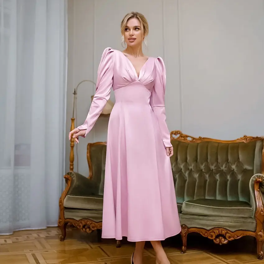 Custom High Quality Midi Dress blue V Neck 2023 New Design women's long sleeved pink satin casual dress