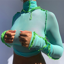 2022 Hot <span class=keywords><strong>Sale</strong></span> New Fashion Damen Blumen blusen Mehrfarbiger Blumen druck High Collar Langarm Crop Top Damen Tanktops - Product Image 3