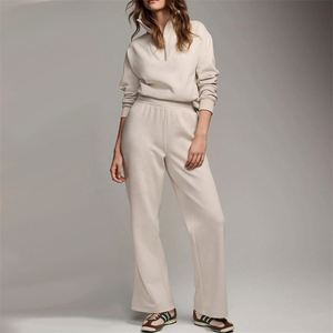 Automne décontracté vêtements de salon solide personnalisé lâche quart fermeture éclair sweat pantalons larges ensembles femmes survêtements - Product Image 1