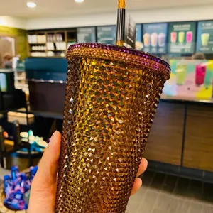 Hot Selling Diamond Crystal Studded Coffee Tumbler Double Wall Reusable Cold Cup With Lid And Straw