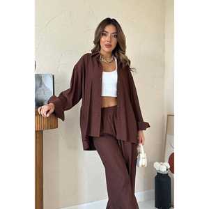 Conjunto Casual para Mujer al por Mayor, Camisa con Cuello Asimétrico y Solapa con Pantalones Anchos, Trajes Marrones Estilo Alice para Mujer, Nuevo Diseño - Product Image 2