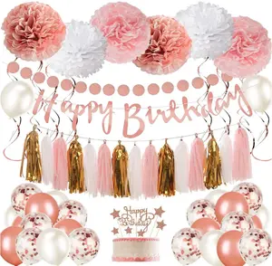 Oro rosa buon compleanno Banner coriandoli palloncini Cake Toppers Hanging Swirls nappe puntini ghirlanda forniture per feste di compleanno decor