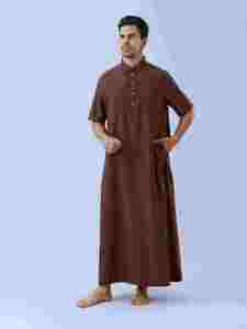 <b>Men's</b> Cotton <b>Thobe</b> Short Sleeve Floor Length Shirt Collar Modest Prayer Wear Solid Color suit all people - Product Image 3