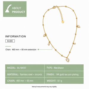 Women's Heart Charm Bead Station Necklace Stainless Steel Zircon 14K <b>Gold</b> Vacuum Plated Adjustable Chain <b>Gold</b> Silver Tone - Product Image 2