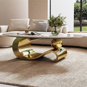 Mesa de <span class=keywords><strong>Centro</strong></span> Ovalada de Piedra Sinterizada de 49.2 Pulgadas, Base de Acero Inoxidable Dorado Contemporáneo, <span class=keywords><strong>Centro</strong></span> Moderno para Sala de Estar - Product Image 2