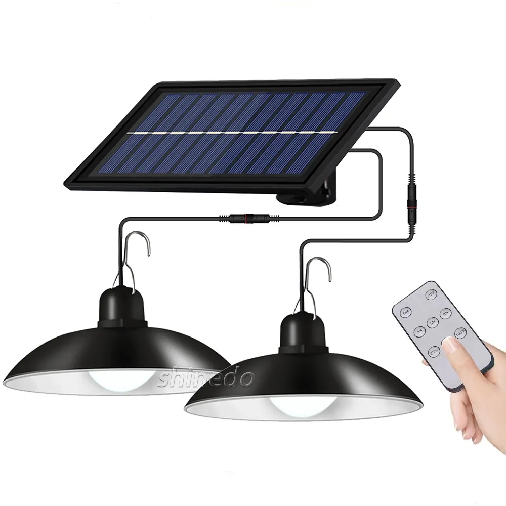 Newest 1/2 Head Outdoor LED Hanging Solar Shed Lighting Pendant Light, Garden Solar Lights Indoor with Remote Control
