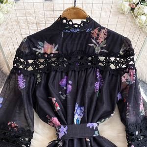 Vestido Floral grande con cuello levantado <span class=keywords><strong>para</strong></span> romper el café <span class=keywords><strong>para</strong></span> mujer, falda larga de cintura con temperamento regordete <span class=keywords><strong>para</strong></span> vacaciones - Product Image 5