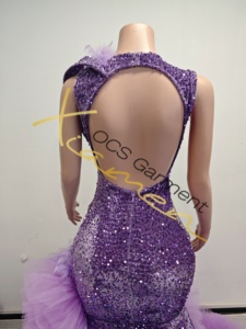 Ocstrade Listo para Enviar - Contacta Antes de Ordenar Vestido de Noche/Fiesta Sirena con Plumas Moradas, Un Hombro Descubierto, Pedrería y Cola de Tul con Volantes - Product Image 6