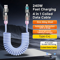 Câble de charge rapide Type-C TPU 4-en-1 rétractable de 2 m pour téléphone portable et utilisation en voiture 240W, rangement facile