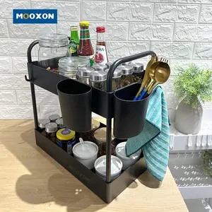 Mooxon OEM 2 Tier mutfak genişletilebilir duş rafı Caddy depolama kaydırdı sepet plastik banyo kabin rafı altında lavabo organizatör