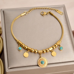 Bracelet simple en acier inoxydable avec pendentif rond en turquoise en forme de marguerite, bracelet pour femmes - Product Image 5