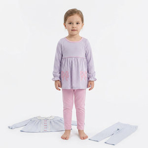 Ensemble de vêtements pour bébés filles, manches longues, broderie, nœuds, rayures, pantalon legging rose - Product Image 3
