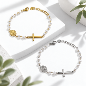 Pulsera de Perlas de Imitación con Cruz, Chapada en Oro de 14K, Opciones de Color Oro y Plata, para Mujer - Product Image 1