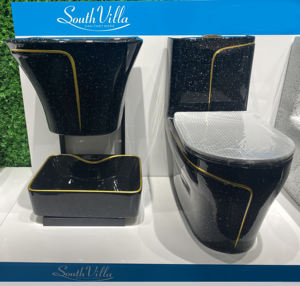 Inodoro de Cerámica de Alta Calidad con Borde Dorado Negro de Lujo, Lavabo Suspendido en la Pared, Juego de Inodoro de Una Pieza - Product Image 2