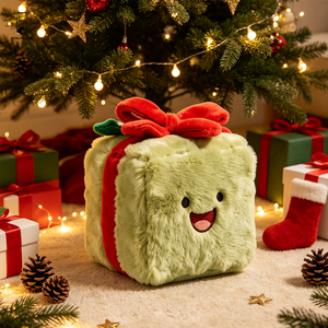 Boîte cadeau en peluche vert sauge avec visage souriant brodé, ruban rouge, jouet décoratif kawaii pour les fêtes - Product Image 4