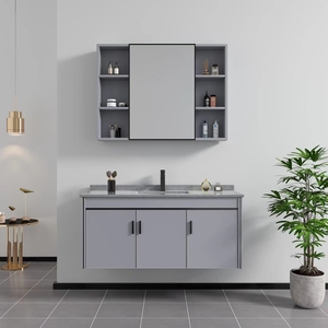 Mueble de Baño Moderno de Aluminio de Alta Calidad al por Mayor con Espejo y Lavabo de Piedra para Hoteles - Product Image 3
