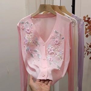 フレンチスタイルニットカジュアルカーディガンブラウス女性刺繍花柄Vネック長袖甘いヴィンテージシックな軽量コート - Product Image 3