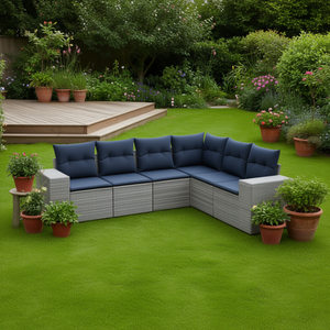 Ensemble de canapés de jardin d'extérieur 6 places en polyrotin gris avec coussins, design contemporain - Product Image 2