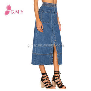 Ultimo disegno gonne lunghe gonne in denim elastico in vita apertura aperto forcella orlo OEM dei <span class=keywords><strong>jeans</strong></span> all'ingrosso - Product Image 1