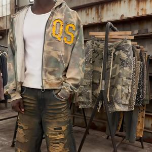 Felpa con Cappuccio e Zip in French Terry per Uomo, Stile <span class=keywords><strong>Vintage</strong></span> <span class=keywords><strong>Oversize</strong></span>, Stampa Personalizzata Leopardata o Mimetica, Effetto Lavaggio Acido e Usurato - Product Image 3