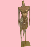 Robe de soirée sexy transparente à franges dorées et strass pour femmes, robe de soirée de club, robe de soirée de banquet, tenue de danseuse, tenue de spectacle