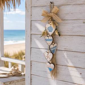 Mediterranean Home Door Decoration Rustic <b>Nautical</b> Coastal Beach Seashell Starfish Ornament Wooden Heart Wall Hanging <b>Decor</b> - Product Image 2