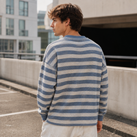 Sweat-shirt personnalisé avec logo pour homme, coupe oversize, en coton gaufré rayé, délavé à l'acide, effet vieilli, avec patte de boutonnage et imprimé lettres