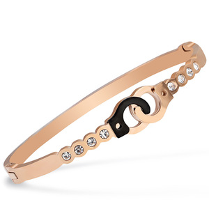 Brazalete de acero inoxidable con forma de candado creativo, oro rosa, diamantes de imitación y engaste de bisel, ideal para regalo. - Product Image 1