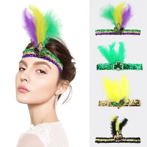 Mardi Gras Золотая повязка на голову и головной повязкой с пером «Fleur De Lis» Новый Орлеан праздник украшения для карнавала