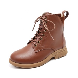 Bottes confortables en cuir de vachette pour femmes, printemps automne hiver, semelles souples, à lacets, talons épais et robustes, respirantes - Product Image 1