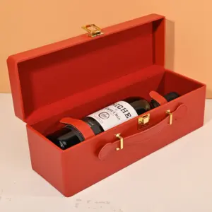 ハンドル付きシングルボトル赤ワイン用の赤い色のライチパターンラグジュアリーLPUレザー包装ボックス