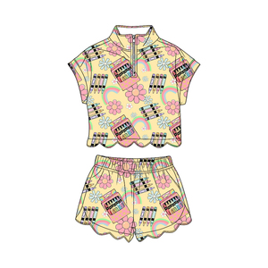 Conjunto de ropa infantil al por mayor GSSO3586 personalizado con estampado de lápiz Apple de Little Active Girl, camiseta de manga corta con cuello festoneado y cremallera - Product Image 6