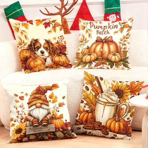 Bantal hias musim gugur dengan motif labu, anak anjing, gnome, dan minuman hangat untuk dekorasi rumah sesuai musim. - Product Image 1
