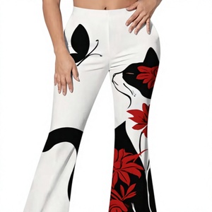 Hardhoodi Interination Women High Waist <b>Flare</b> Pants <b>White</b> Black Red Floral Print Elastic Waist Full Length Fashion <b>Trousers</b> Four - Product Image 1