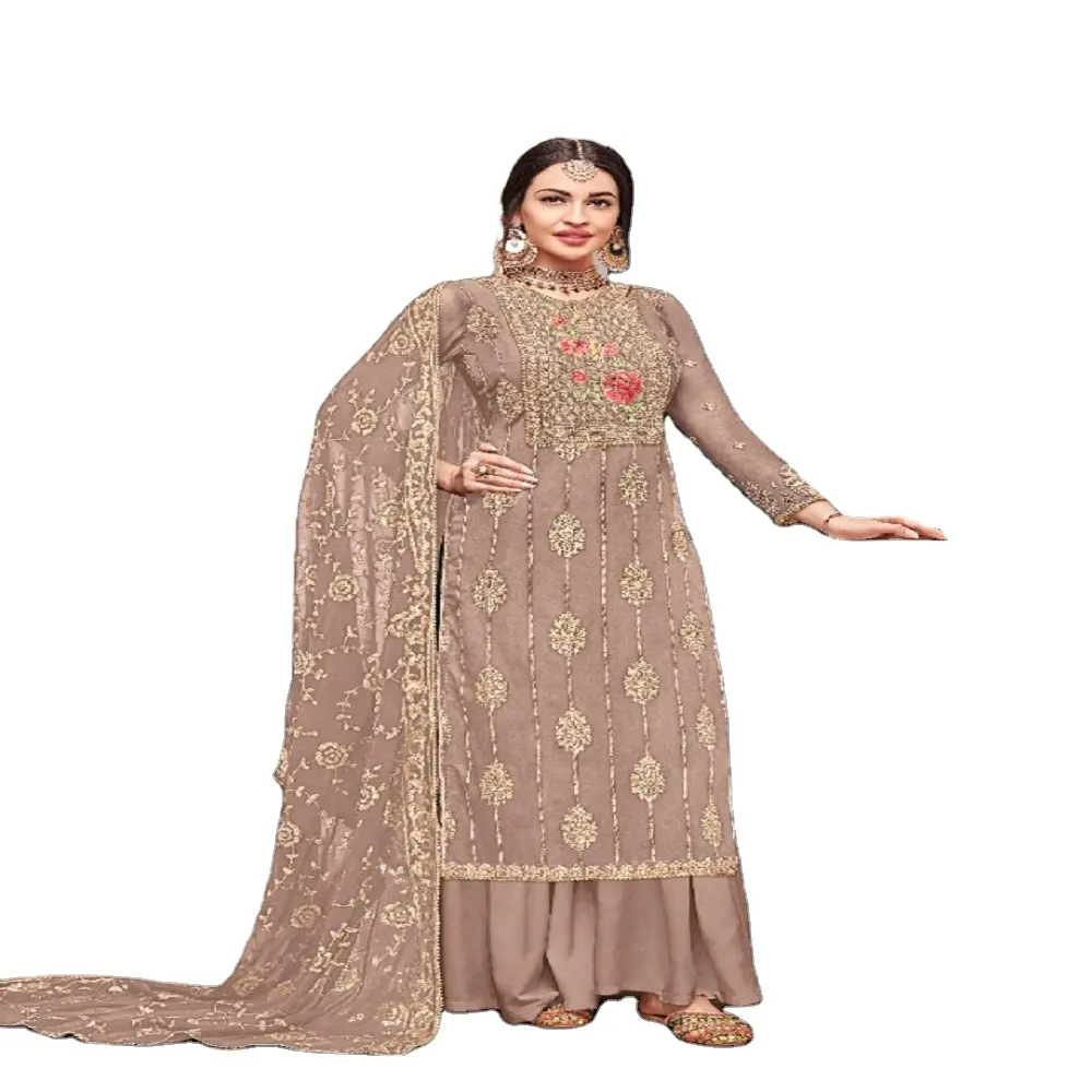 Terbaru tren pakaian pernikahan Faux berat Georgette bordir urutan kerja Salwar Kameez Gaun India untuk wanita salwar kameez