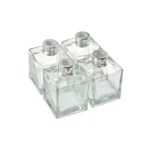 Home Perfume Glass Diffusion Bottle Beautiful Square Essential Oil Container 200ml Silver Bottle Cap