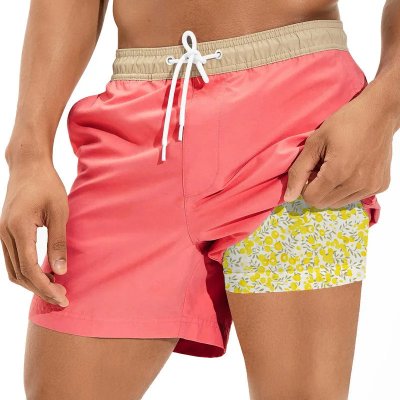 Pantalones cortos personalizados de 5 pulgadas 2 en 1, pantalones cortos elásticos de 4 vías, pantalones cortos de playa para correr 2 en 1 para hombres