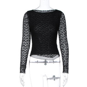 <span class=keywords><strong>Elegante</strong></span> <span class=keywords><strong>Camicetta</strong></span> <span class=keywords><strong>Nera</strong></span> in Pizzo a Maniche Lunghe con Collo Tondo per Donna, Top Casual Sexy e alla Moda - Product Image 4