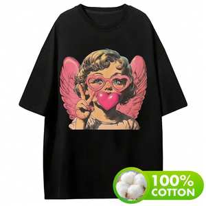 T-shirt da donna con stampa di occhiali a forma di cuore e ali d'angelo, a maniche corte, vestibilità ampia, 100% cotone, girocollo, tema cartone animato - Product Image 1