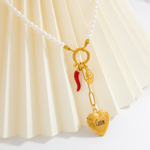 Collar de perlas de acero inoxidable con colgante de corazón, texto personalizable, regalo de joyería para mujer, cadena para clavícula - Product Image 2