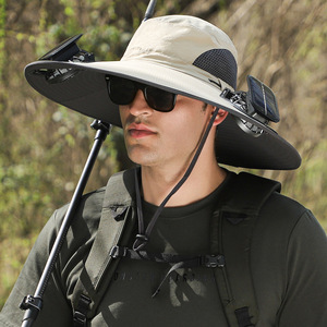 Alta calidad verano energía Solar aventura amigo al aire libre transpirable diseño pescador sol ala grande cubo gorras sombreros con ventilador - Product Image 4