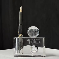 Porte-stylo en verre cristal transparent personnalisé avec horloge et globe pour ornement de bureau, cadeau