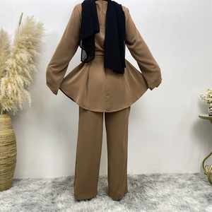 High Quality Pure Color Two Pieces Set Simple Blouse and Loose Wide Leg Pant Office Fashion Sets Muslim Modest Abaya Sets 2272 - Product Image 4