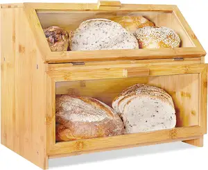 Kotak roti lapisan ganda, untuk meja dapur, kotak penyimpanan roti besar, kotak roti bambu dengan jendela