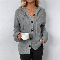 Cardigan en tricot à capuche uni pour femme, à bouton unique, pull décontracté