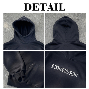 Heavyweight French Terry Distressed Hoodie Custom Acid Wash Rhinestone Rivets Pullover Streetwear Vintage Men Hoodies - Product Image 6