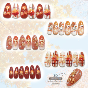 <span class=keywords><strong>Faux</strong></span> <span class=keywords><strong>Ongles</strong></span> d'Automne 3D Motif Pain d'Épices Confortable Forme Amande 30 Pièces Réutilisables pour Fête de Thanksgiving Usage Quotidien Vente en Gros Directe Usine - Product Image 3