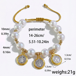 Pulseira Atacado São Bento com Pérolas de Vidro, Detalhes em Aço Inoxidável e 3 Medalhas de São Bento com Cordão - Product Image 2