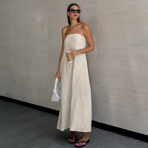 Robe longue sans bretelles en lin pour femme, dos nu, taille haute, fluide, pour les vacances et la plage, été 2026 - Product Image 3