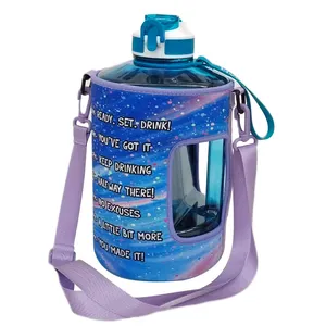 128Oz/3,8l 1Gallon Waterfles Met Bewaarhuls En Afgedekt Strodeksel Bpa Gratis Grote Herbruikbare Drinkbak Met Handvat